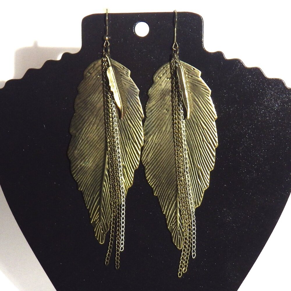 Long Feather Earrings Gold tone Light-weight Textured 4" Rave/Festival/Costume